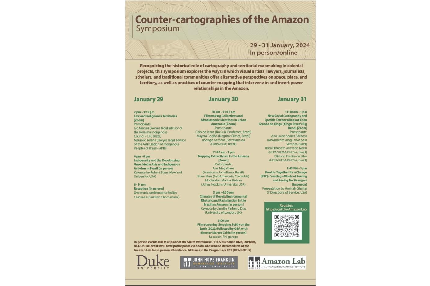 Mostly yellow and green flyer announcing Counter-cartographies of the Amazon Symposium